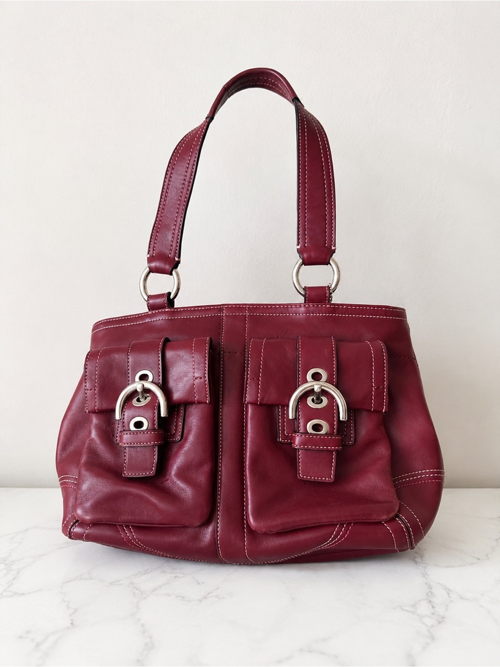 Coach Burgundy Leather Double-Pocket Shoulder Bag